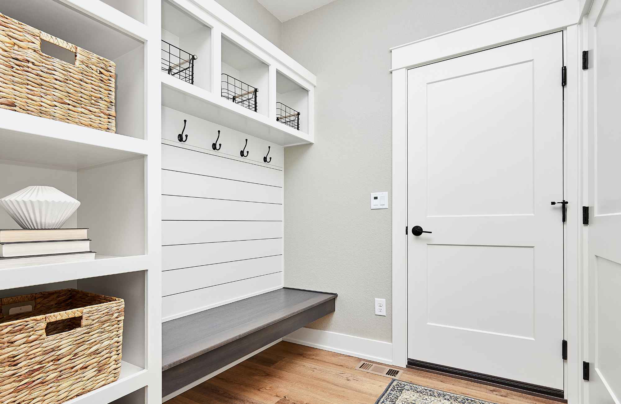 professional-home-organizer-hermosa-beach-ca-productivity-tips-for-staying-organized-neat-and-tidy-mudroom-with-shiplap-shelves-with-bins-calm