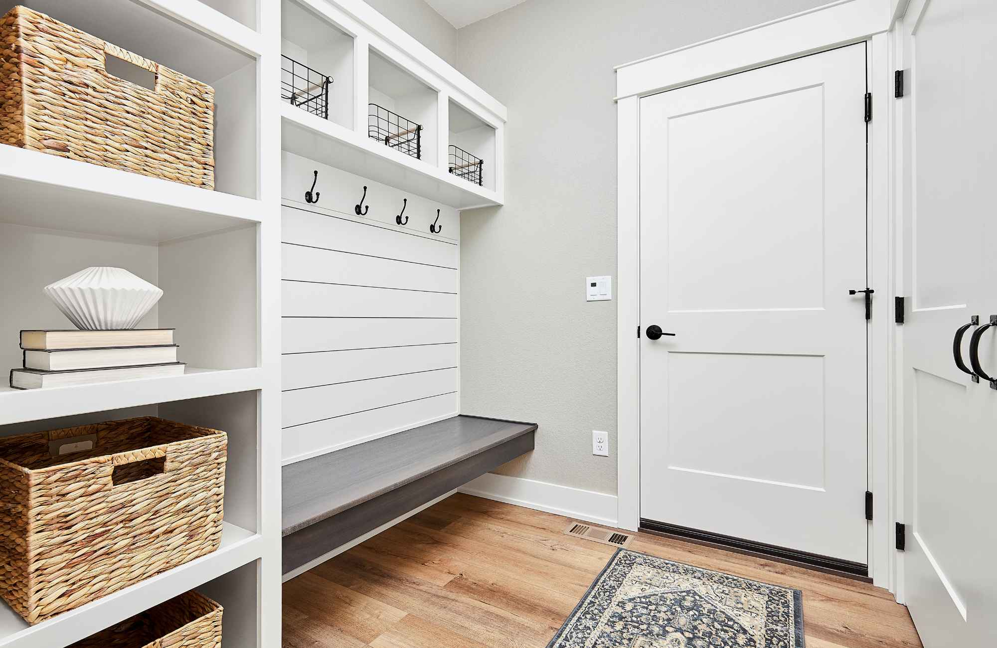 professional-home-organizing-hawthorne-ca-functional-drop-zones-mudroom-with-shiplap-walls-bench-cabinets-shelves-with-bins-styled-seasonal-refresh professional-home-organizing-hawthorne-ca-functional-drop-zones-mudroom-with-shiplap-walls-bench-cabinets-shelves-with-bins-styled-seasonal-refresh