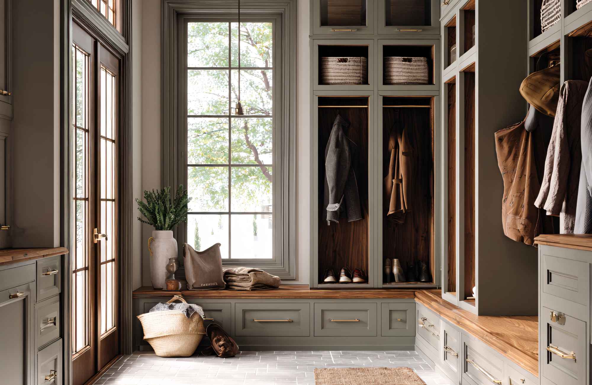 professional-home-organizer-hermosa-beach-ca-functional-drop-zone-large-mudroom-with-sage-green-custom-cabinets-cubbies-bench-seating-calm-move-services professional-home-organizer-hermosa-beach-ca-functional-drop-zone-large-mudroom-with-sage-green-custom-cabinets-cubbies-bench-seating-calm-move-services