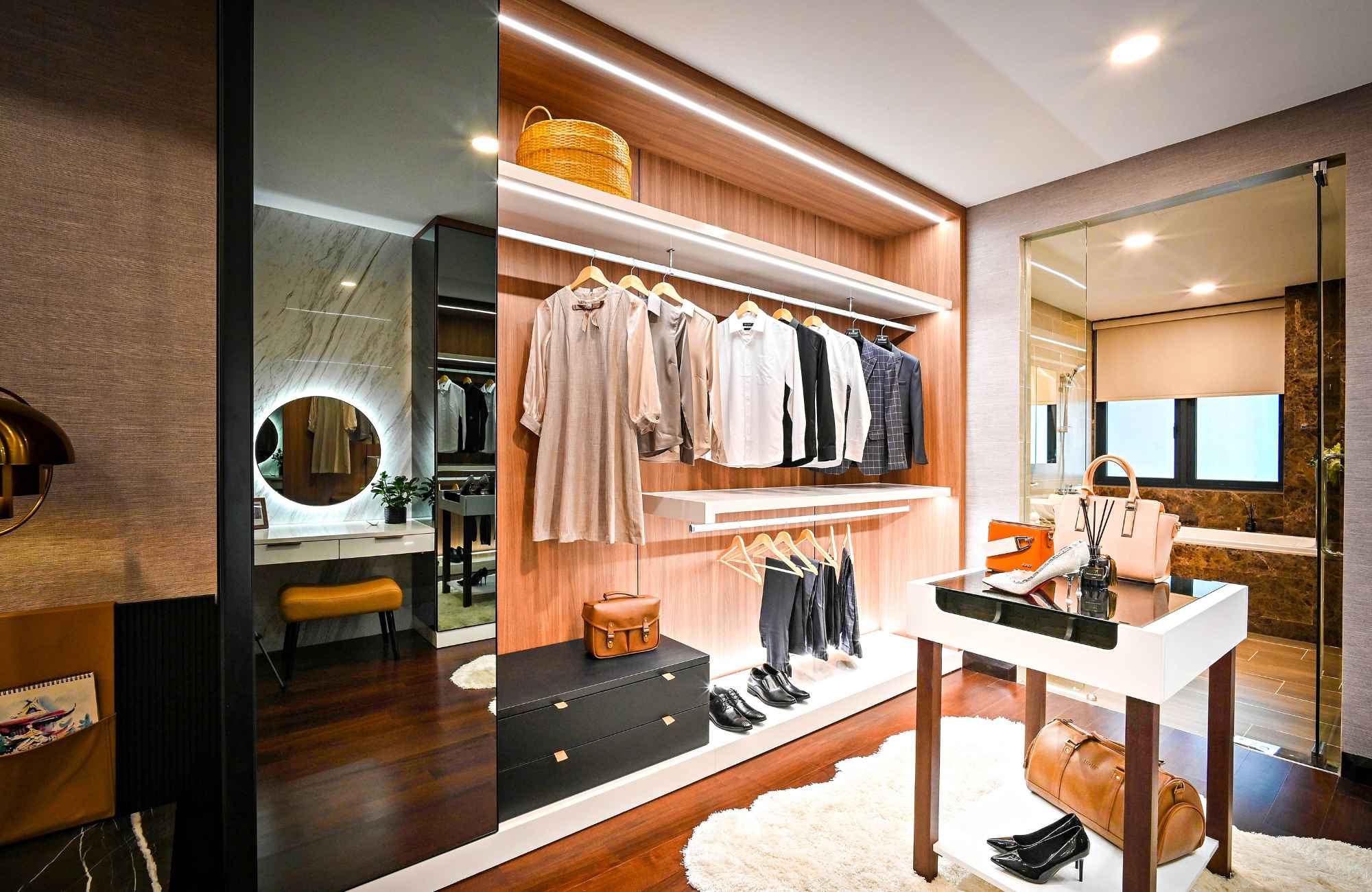 straighten-up-homes-south-bay-ca-need-to-hire-professional-organizer-luxury-closet-well-lit-organized-clothes-shelves-hanging-clothes-styled