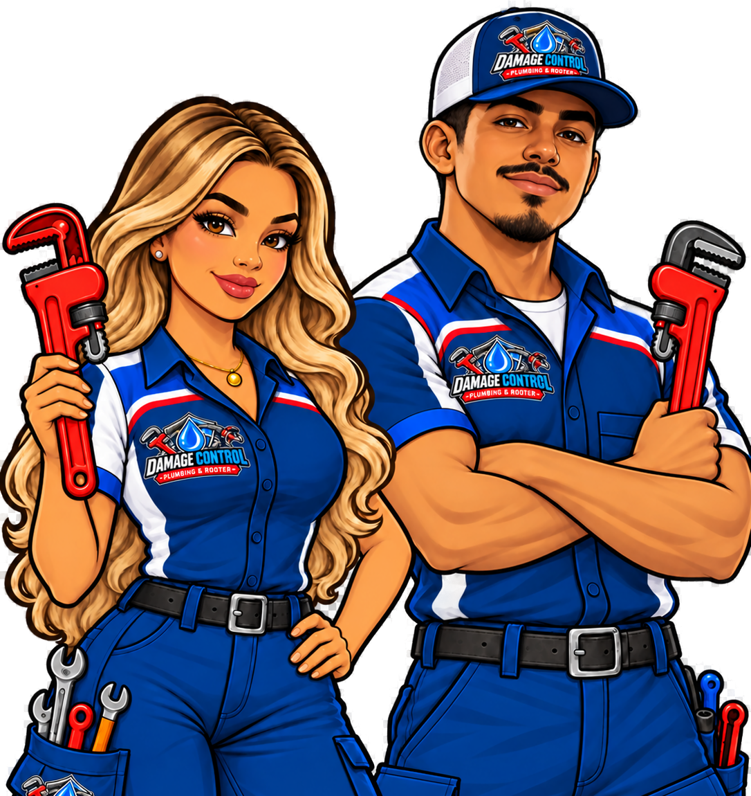 Damage Control Plumbing brother and sister mascots holding pipe wrenches