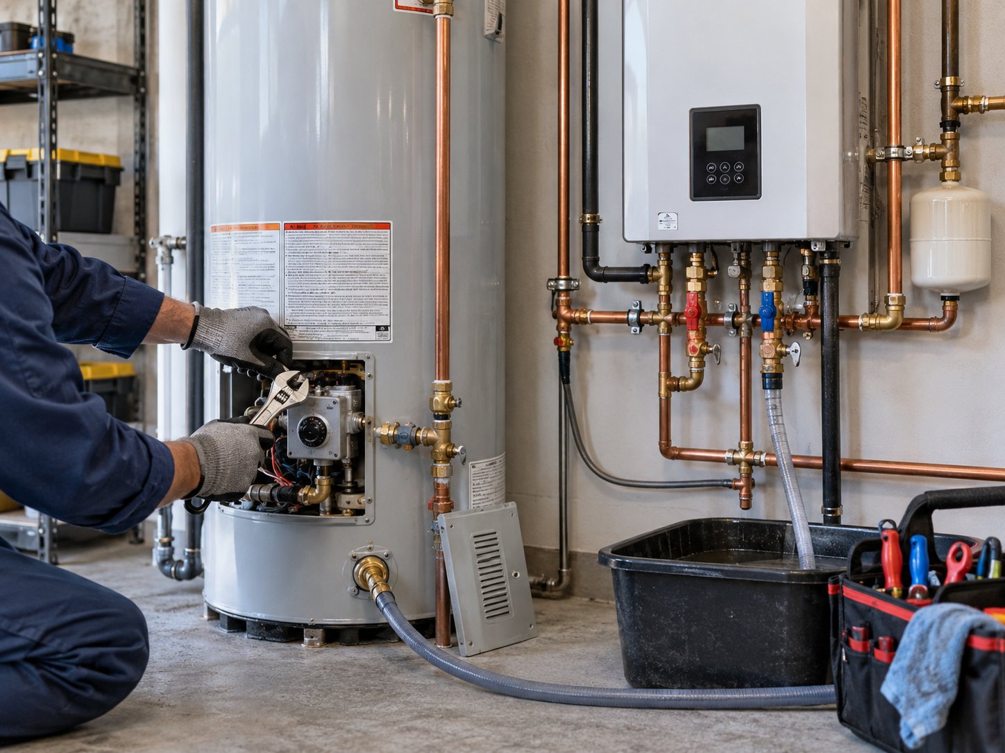 Plumber servicing a tankless and tank water heater system
