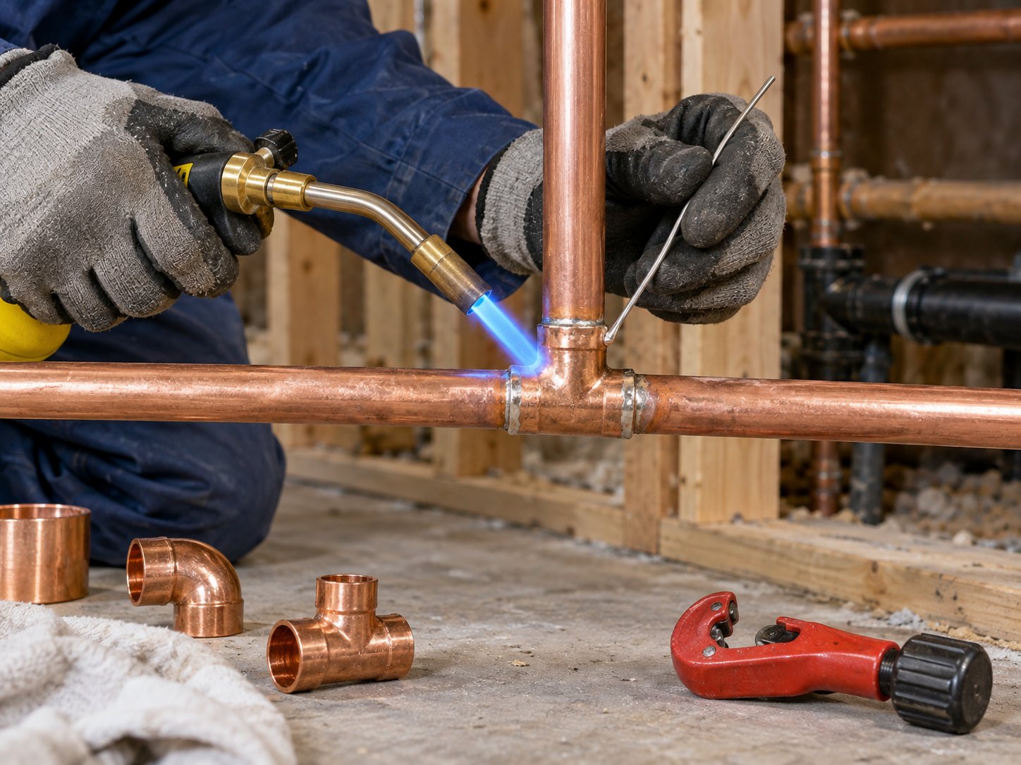 Plumber soldering a copper pipe joint during a repipe