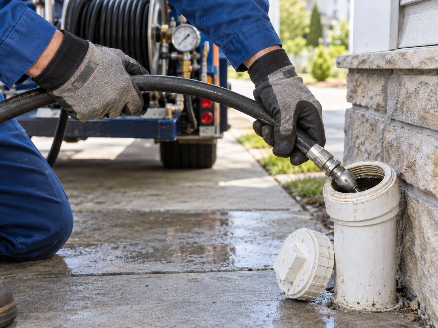 Plumber hydro-jetting a sewer cleanout pipe