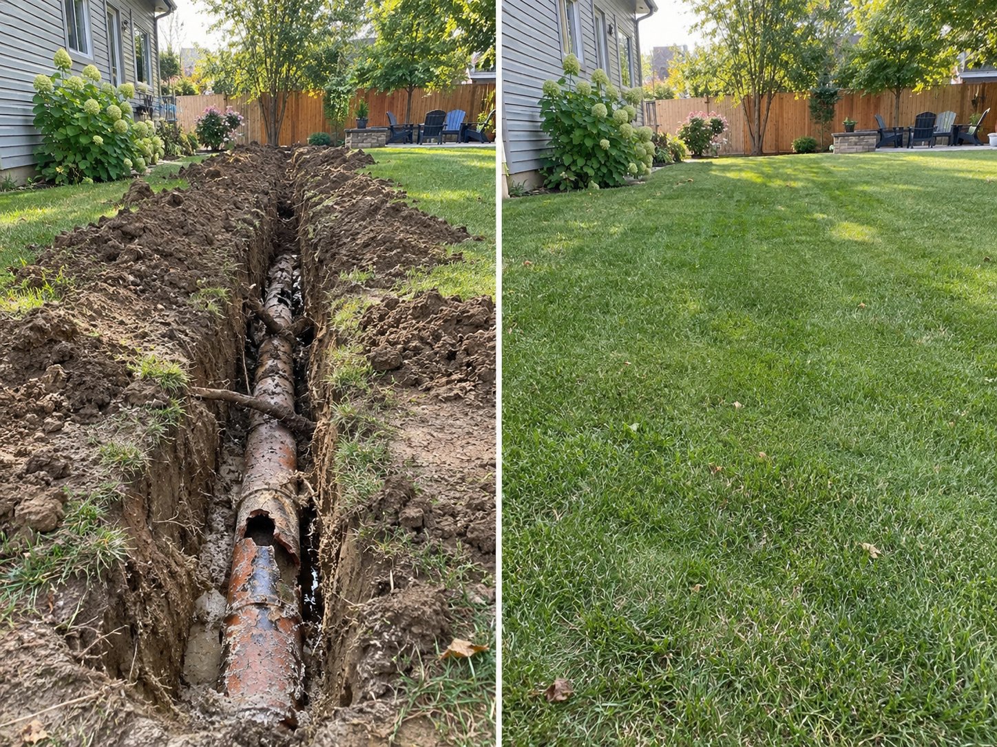 Before and after a sewer line repair in a backyard