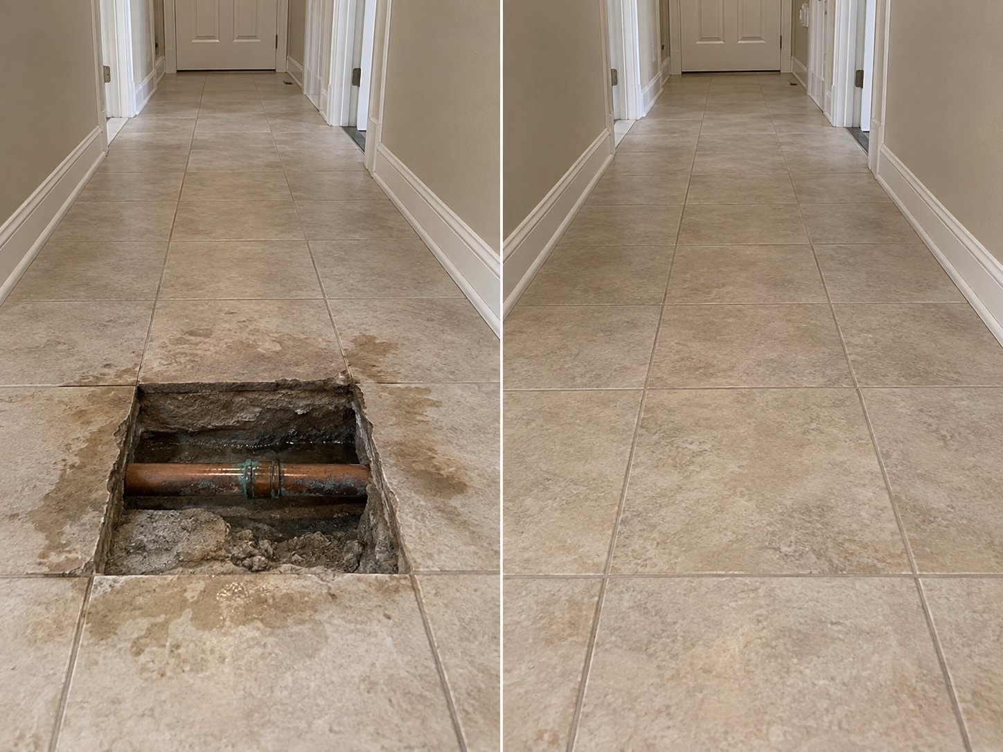 Before and after a slab leak repair under hallway tile