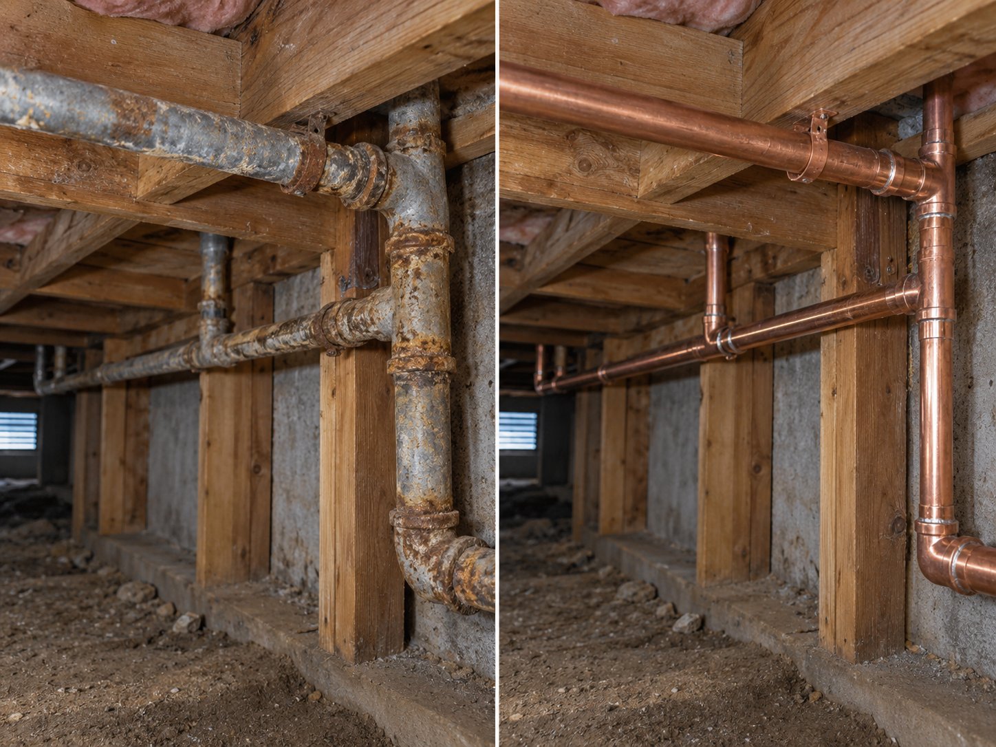 Before and after repiping old galvanized pipe to copper