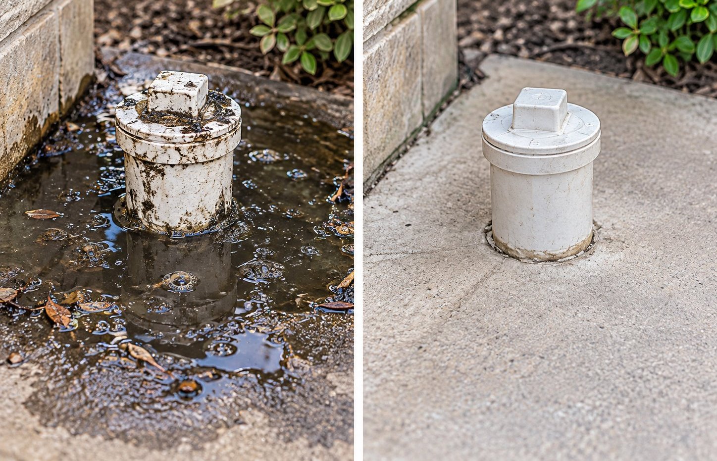 Before and after clearing a clogged sewer cleanout
