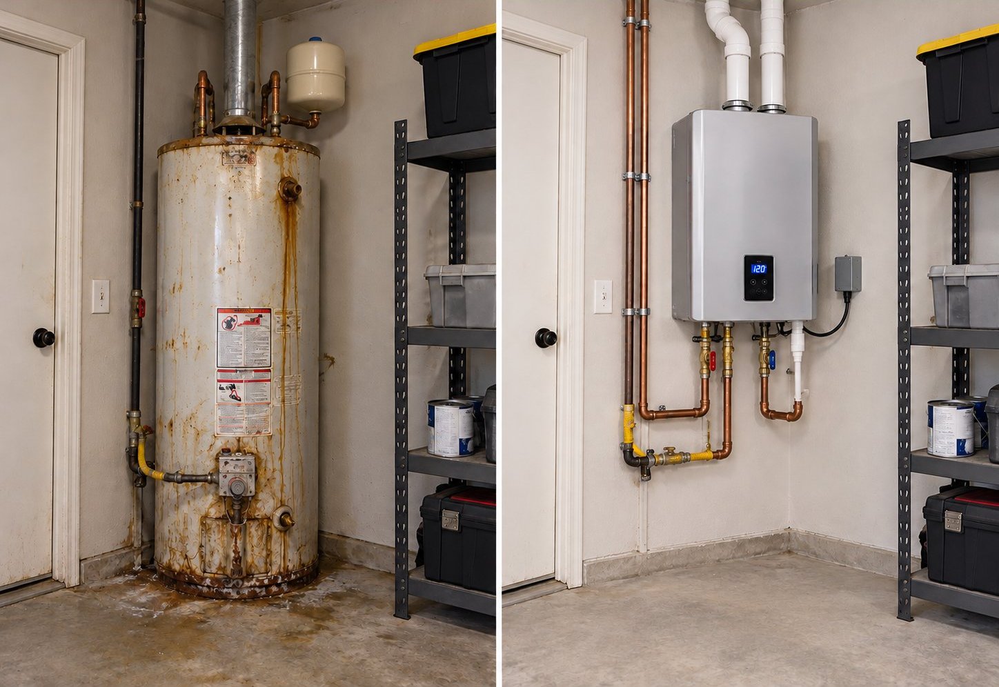 Before and after a tankless water heater installation