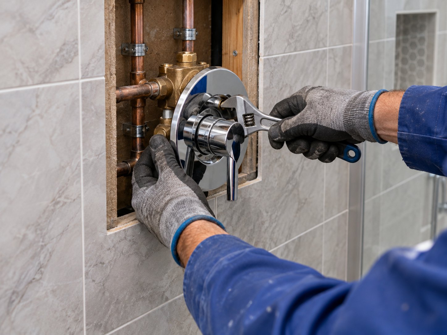 Plumber installing a shower valve behind tile wall