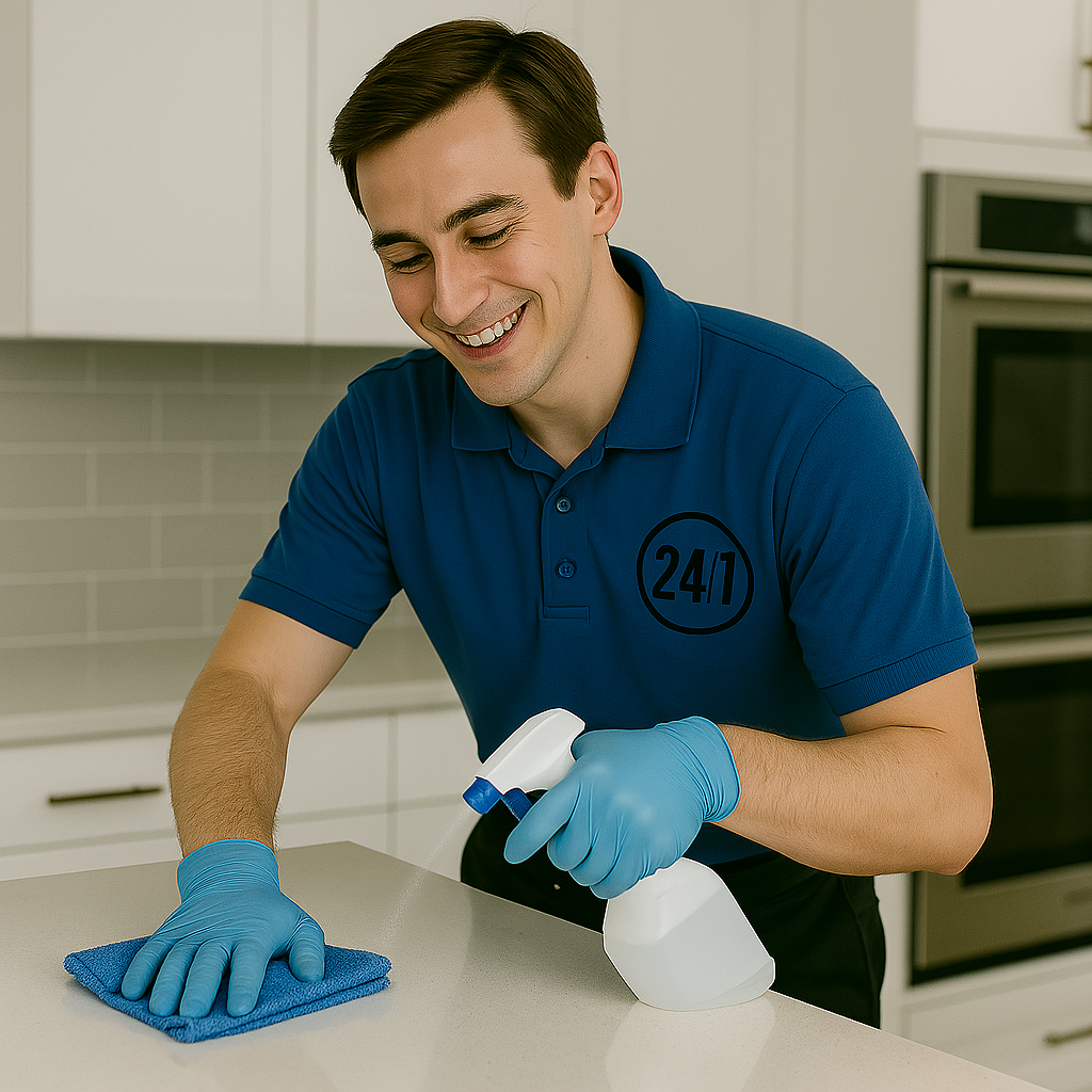 Professional residential cleaner wiping kitchen countertops – 24/7 Cleans