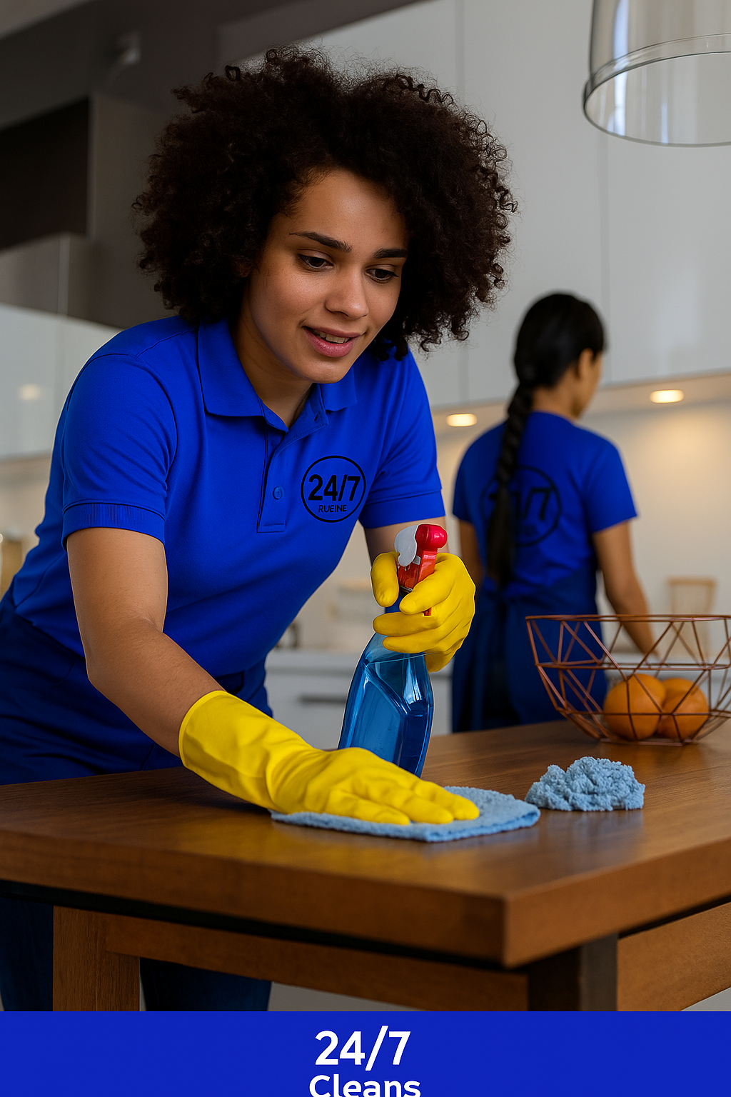 Professional cleaner scrubbing kitchen counter in Mentone CA