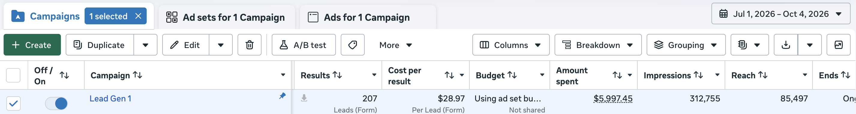 Ads Manager campaign actuals