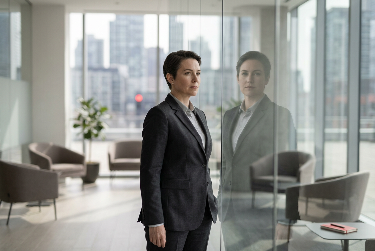 Primary Alt Text: Executive professional looking into glass reflection with subtle city skyline, symbolizing executive brand vs personal brand clarity. Characters: 129 Primary Alt Text: Executive professional looking into glass reflection with subtle city skyline, symbolizing executive brand vs personal brand clarity. Characters: 129