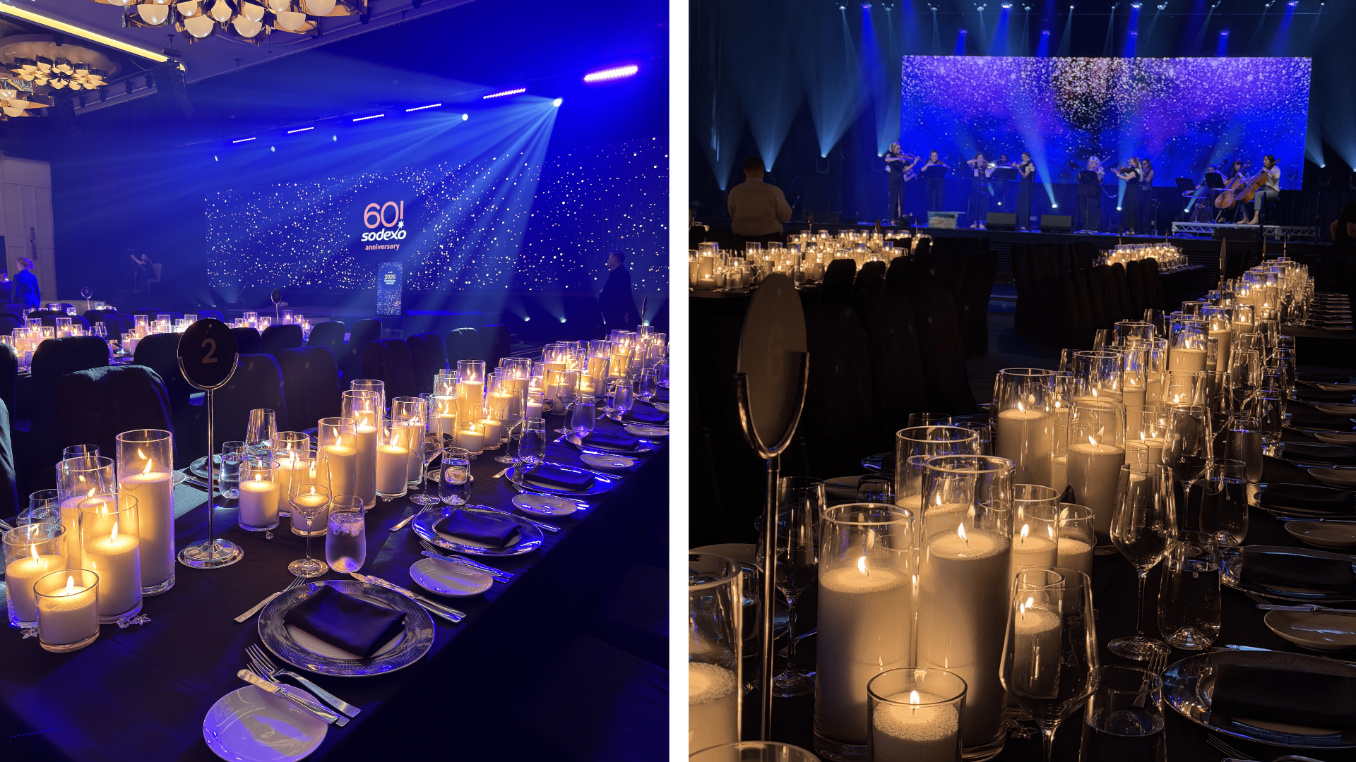 White sand candle styling for corporate awards night table design. White sand candle styling for corporate awards night table design.
