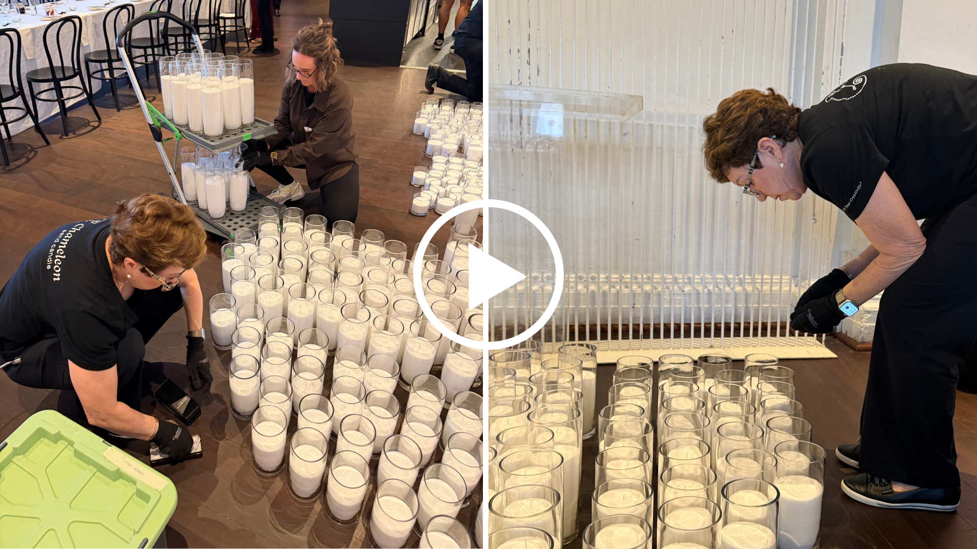 Chameleon Sand Candle team checking placing wicks during a professional wedding setup.