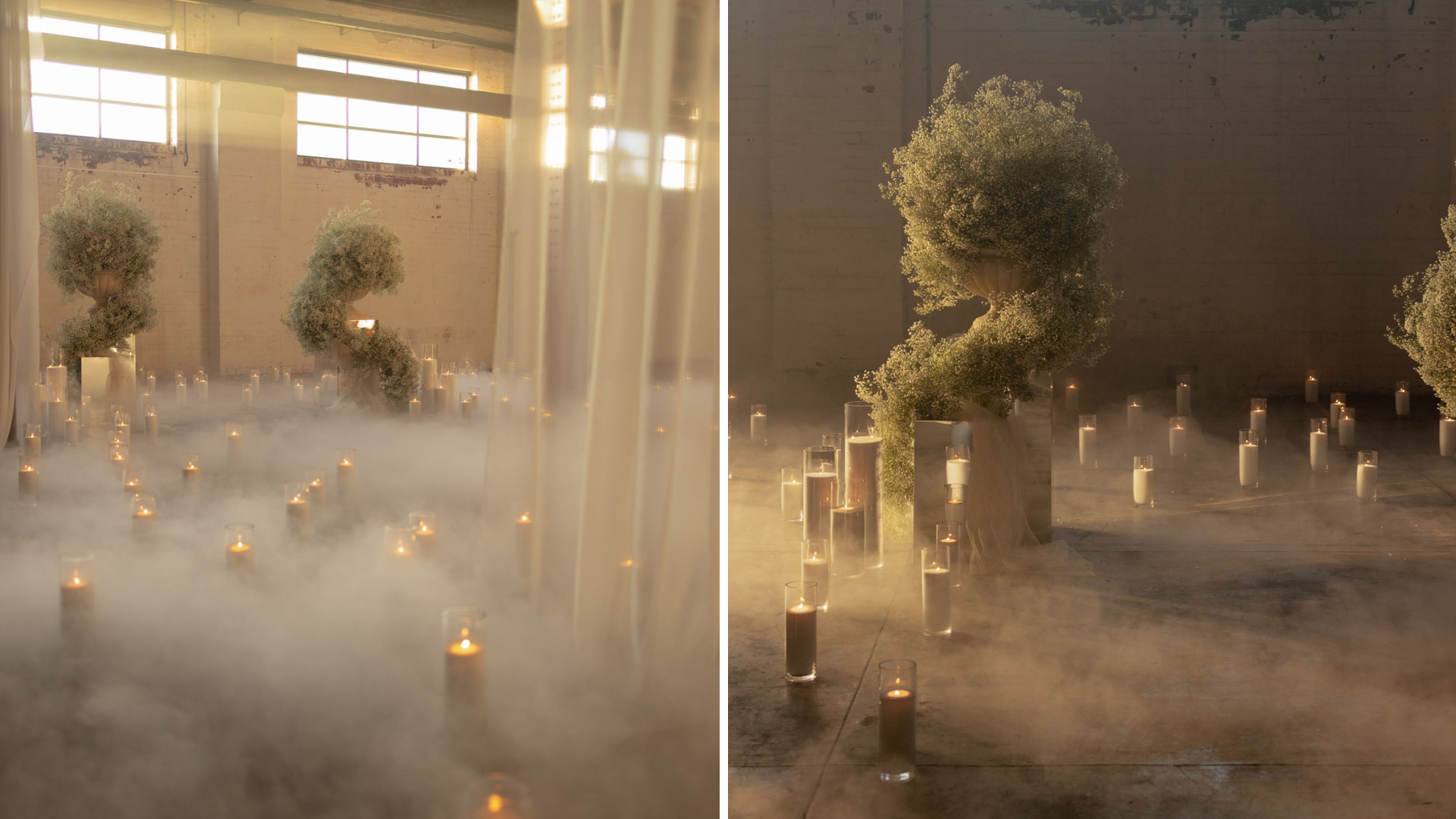White sand candle installation with low fog for atmosphere-led wedding styling. White sand candle installation with low fog for atmosphere-led wedding styling.