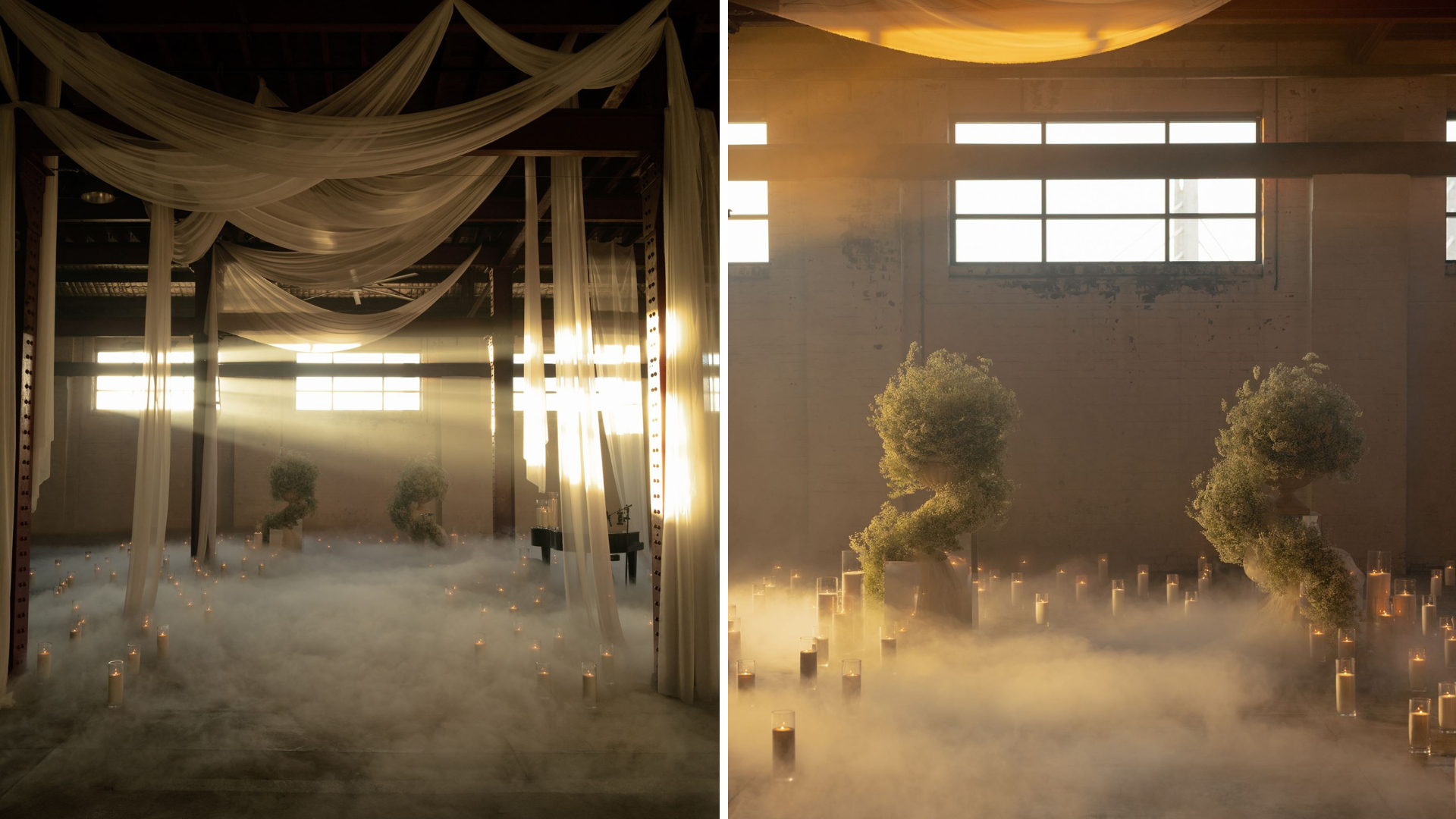 The Naval Store Fremantle transformed by Cloud Dancer candle installation and suspended draping The Naval Store Fremantle transformed by Cloud Dancer candle installation and suspended draping