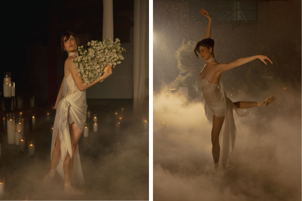 Ballet dancer in Cloud Dancer editorial wedding installation surrounded by candlelight and mist. Ballet dancer in Cloud Dancer editorial wedding installation surrounded by candlelight and mist.