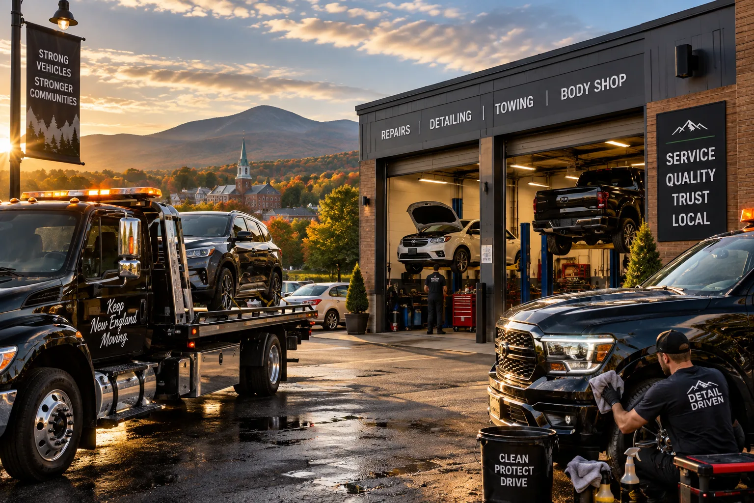 New England automotive service business featuring an auto repair shop, towing service, vehicle detailing and body shop.