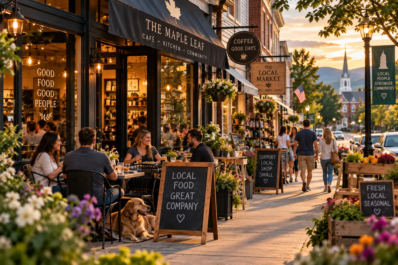 New England Main Street with local restaurants, cafés, specialty shops and independently owned small businesses.
