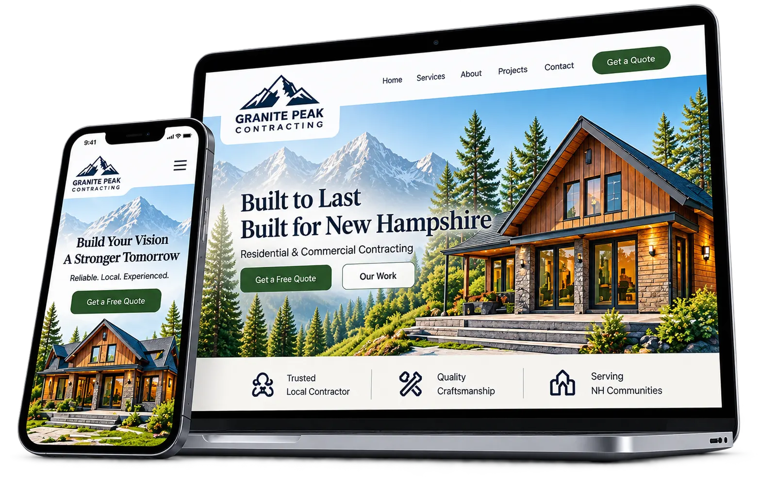 Sample small business website by Live Free Software shown on a laptop and a phone