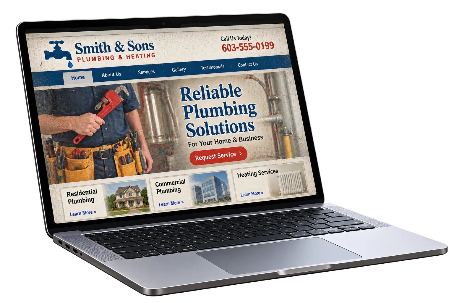 Outdated small business website displayed on a laptop