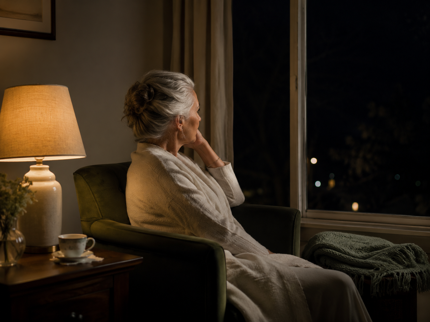 An older woman sitting awake late at night in a softly lit room, gazing out a dark window, unable to sleep
