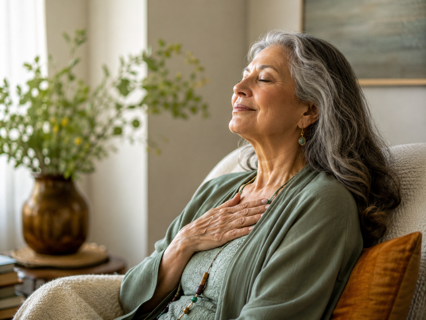 An older woman sitting calmly with one hand resting on her chest during a slow breath