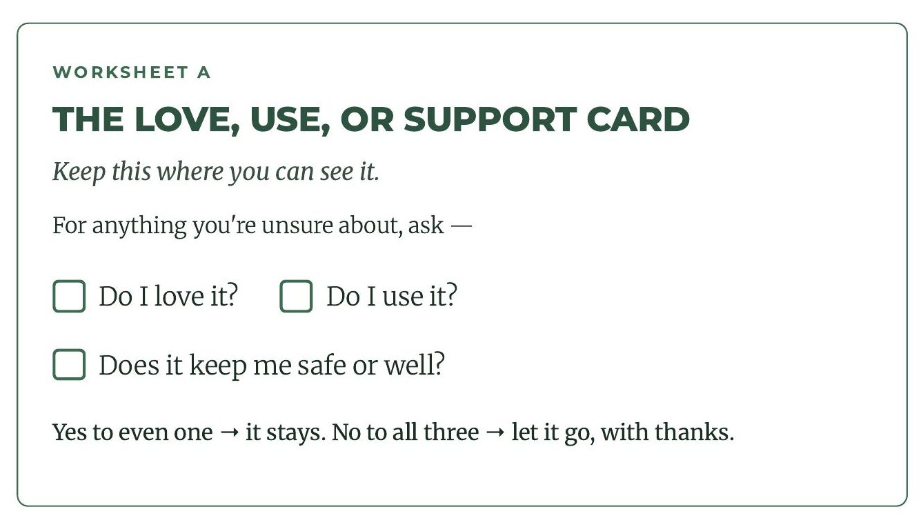 Printable Love, Use, or Support card with three questions that decide what stays