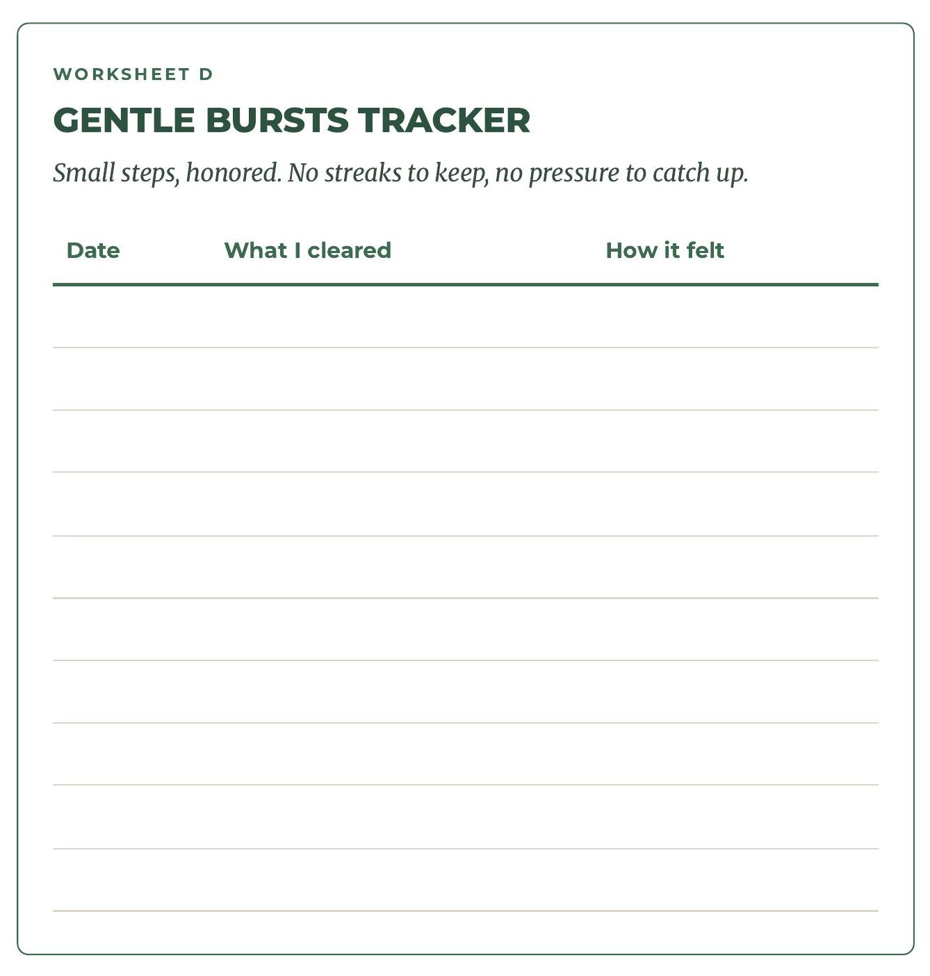 Printable Gentle Bursts tracker for logging short, low-pressure decluttering sessions