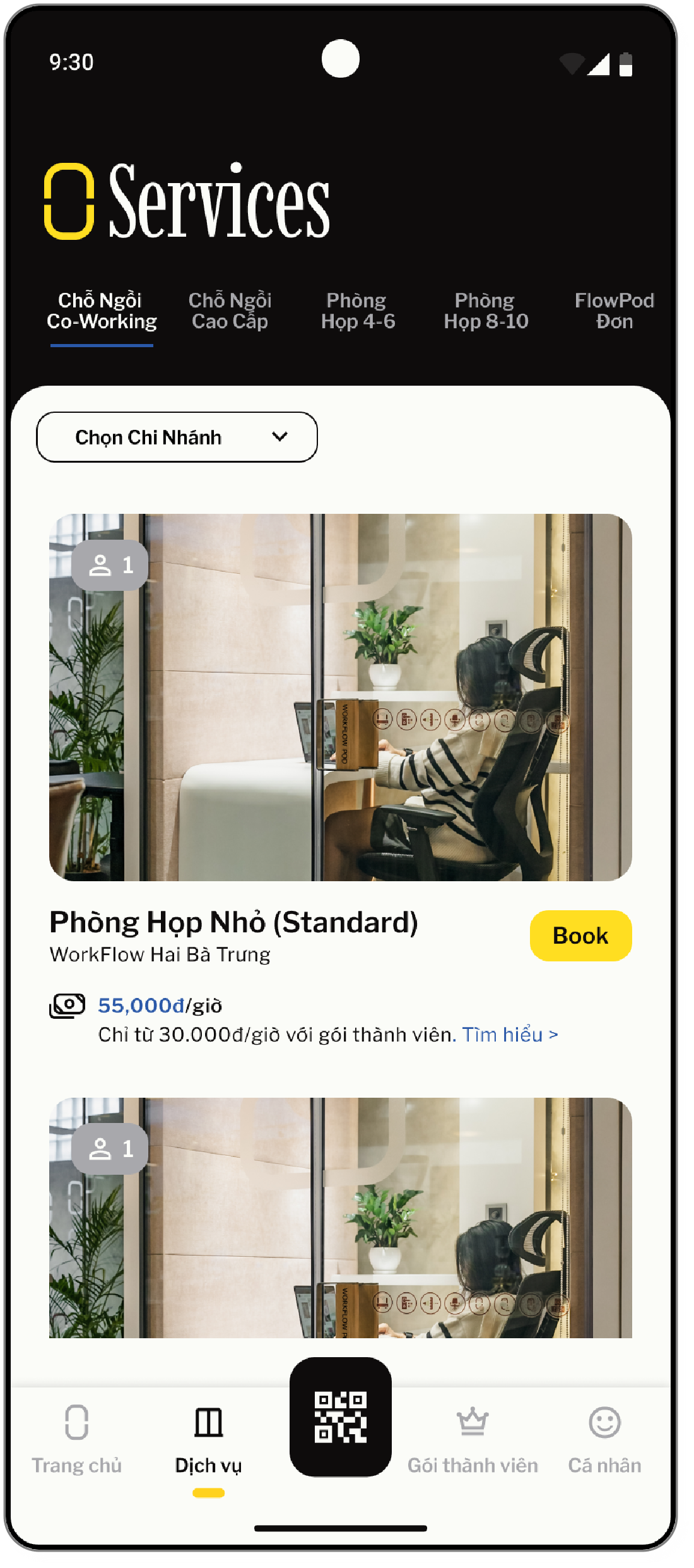 Ứng dụng WorkFlow, màn hình đặt chỗ theo giờ