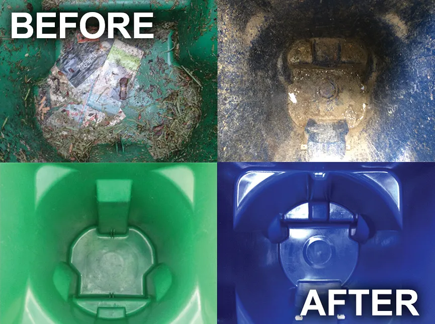 Four-panel before-and-after image showing the cleaning of two different trash or recycling bins. The top row (BEFORE) shows a green bin filled with debris and a blue bin with heavy grime. The bottom row (AFTER) shows both the green and blue bins completely clean and spotless.