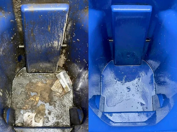 Before and after trash bin cleaning showing a dirty bin turned spotless, What A Bin cleaning truck using self-contained hot steam cleaning system, and clean black and blue trash and recycle bins lined up after service.