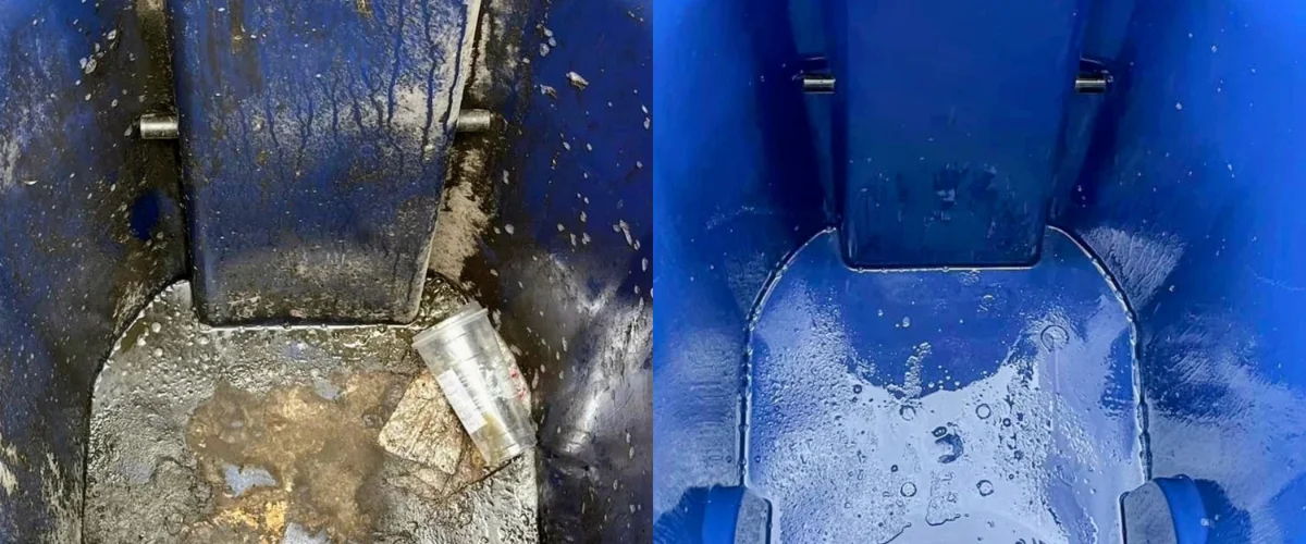 A split image showing the inside of a blue bin, dirty with debris on the left, and clean and wet on the right.