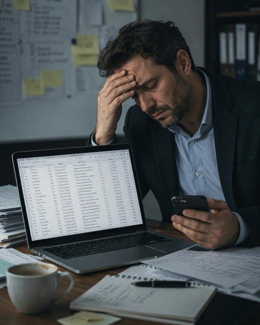 Titolare frustrato con una lista di contatti da chiamare