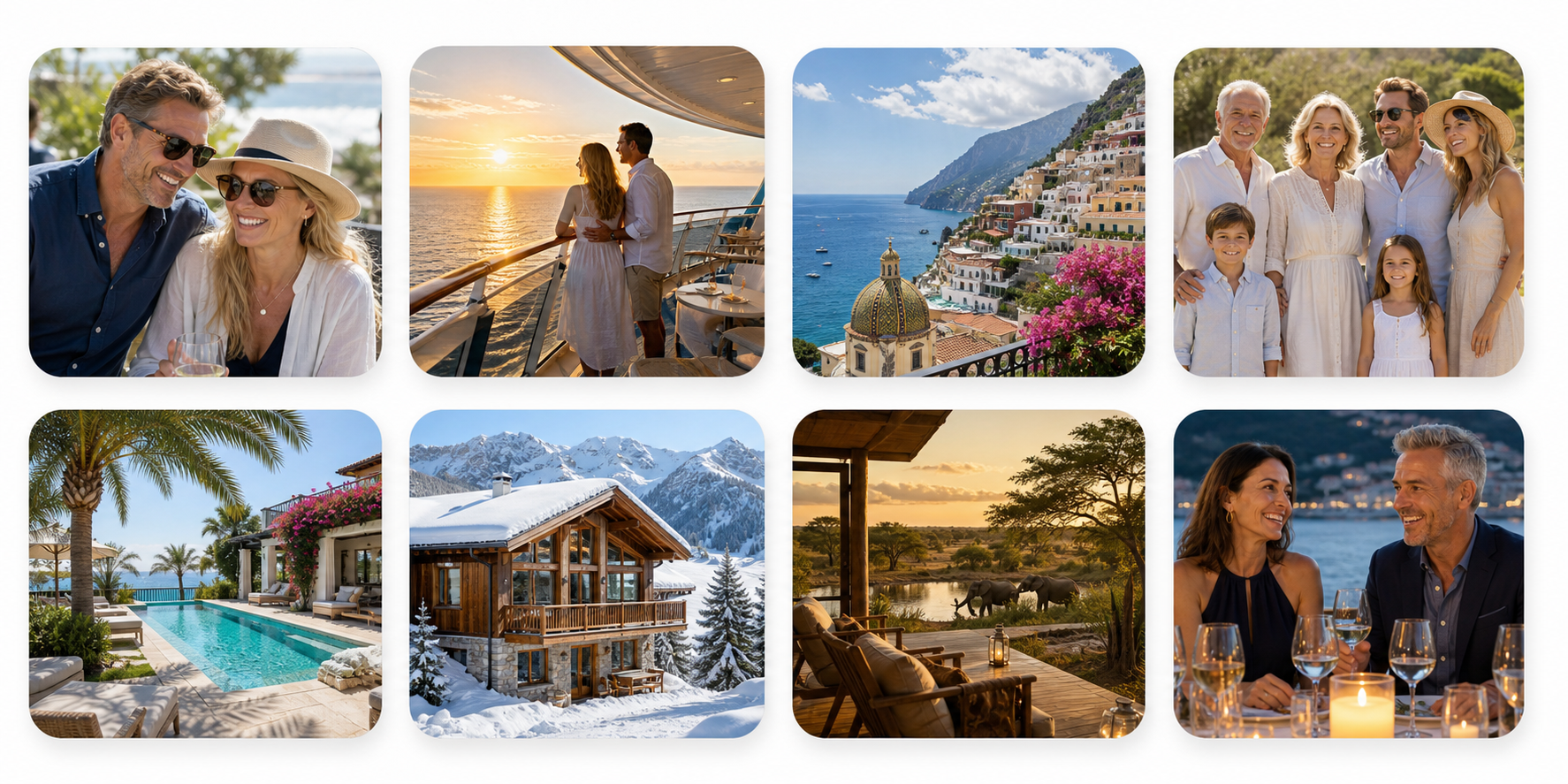 Happy luxury travel clients and premium cruise, holiday, villa, ski and safari experiences representing Sassy Luxe Club referrals