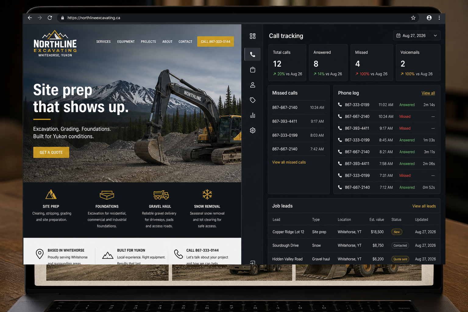 Full Rig example: contractor website beside call tracking and job leads