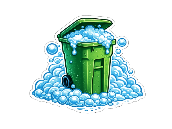 A logo for Smooth Flo Trash Can Cleaning featuring a green trash can overflowing with soap suds and bubbles on a patriotic shield background.