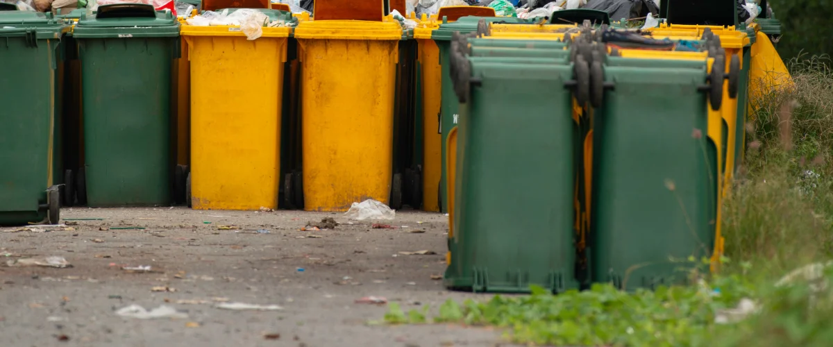 A row of numerous green and yellow waste bins overflowing with trash on a dirty, littered ground with grass.