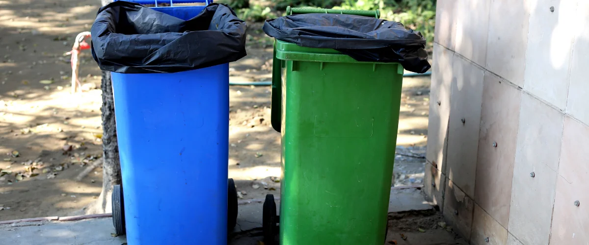 A blue and a green trash bin, both with black liners, standing side by side outdoors on a sunny day. A blue and a green trash bin, both with black liners, standing side by side outdoors on a sunny day.