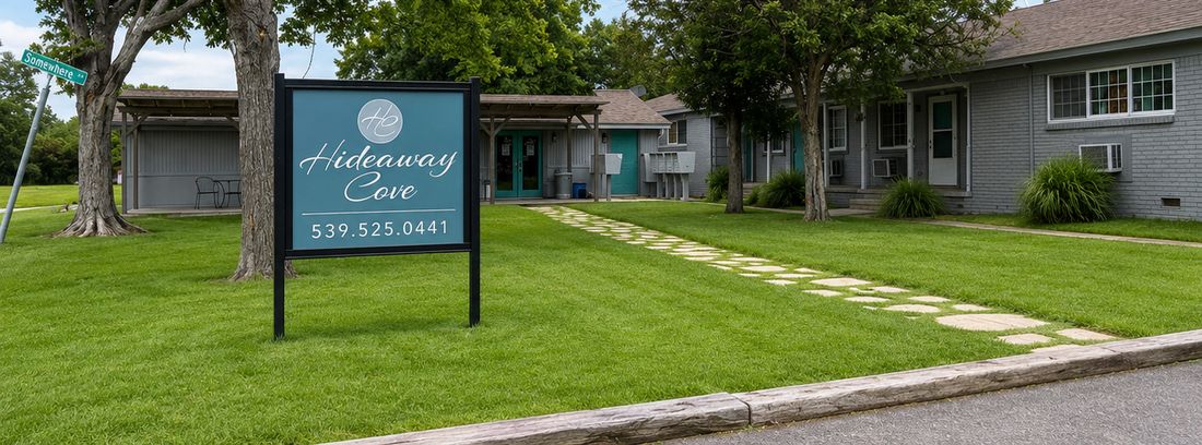 Hideaway Cove entrance sign and leasing office