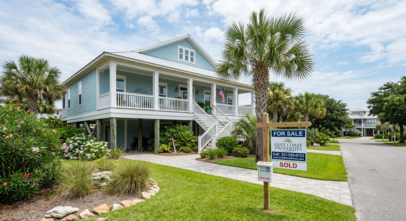 For sale sign in front of a well maintained coastal home in Gulf Shores, Alabama