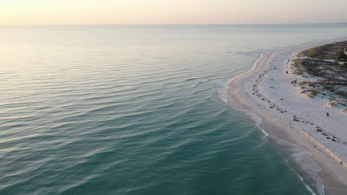 Aerial view of the white sand shoreline and green water at Gulf Shores, Alabama