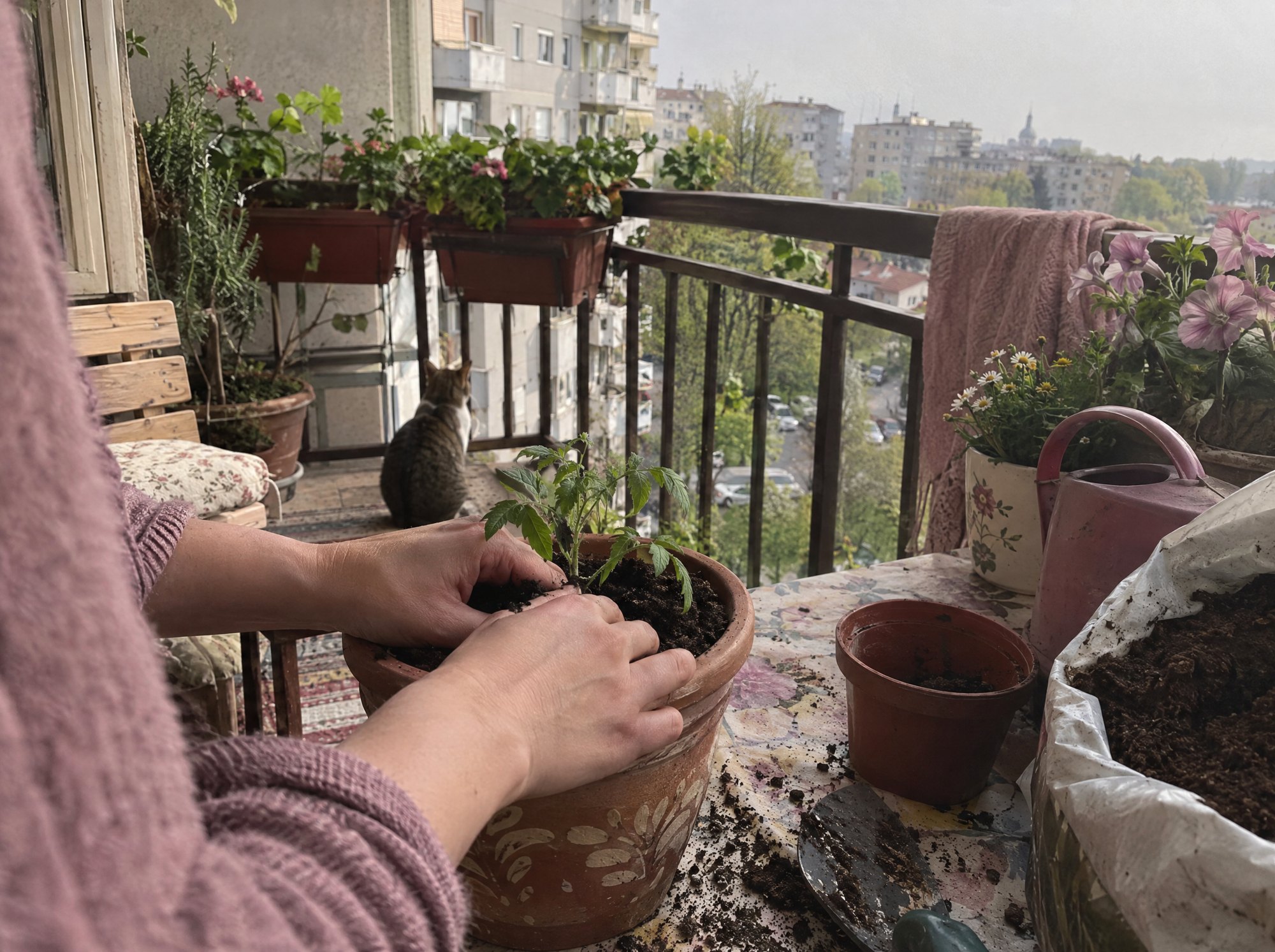 Mâini care plantează o floare pe un balcon