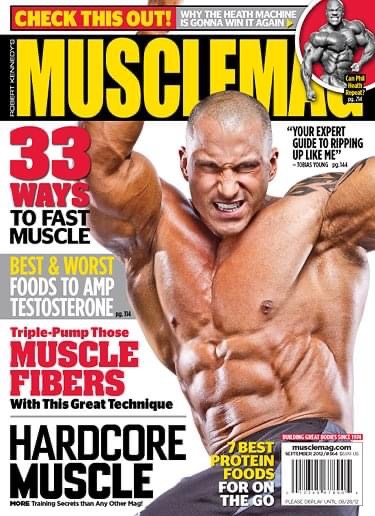 MuscleMag magazine cover featuring a shirtless, muscular Tobias Young, cover date Sept 2012.