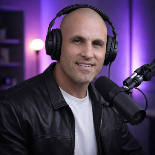 Portrait of a bald man wearing headphones and a black leather jacket, smiling softly while speaking into a professional podcast microphone