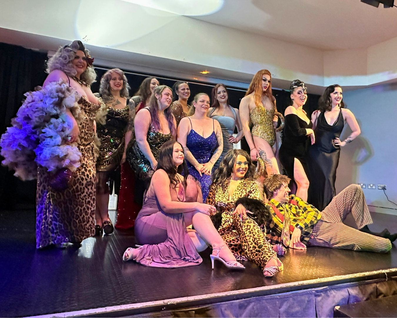 The cast of Cosy Cabaret in Nottingham, Feb24, enjoying their curtain call