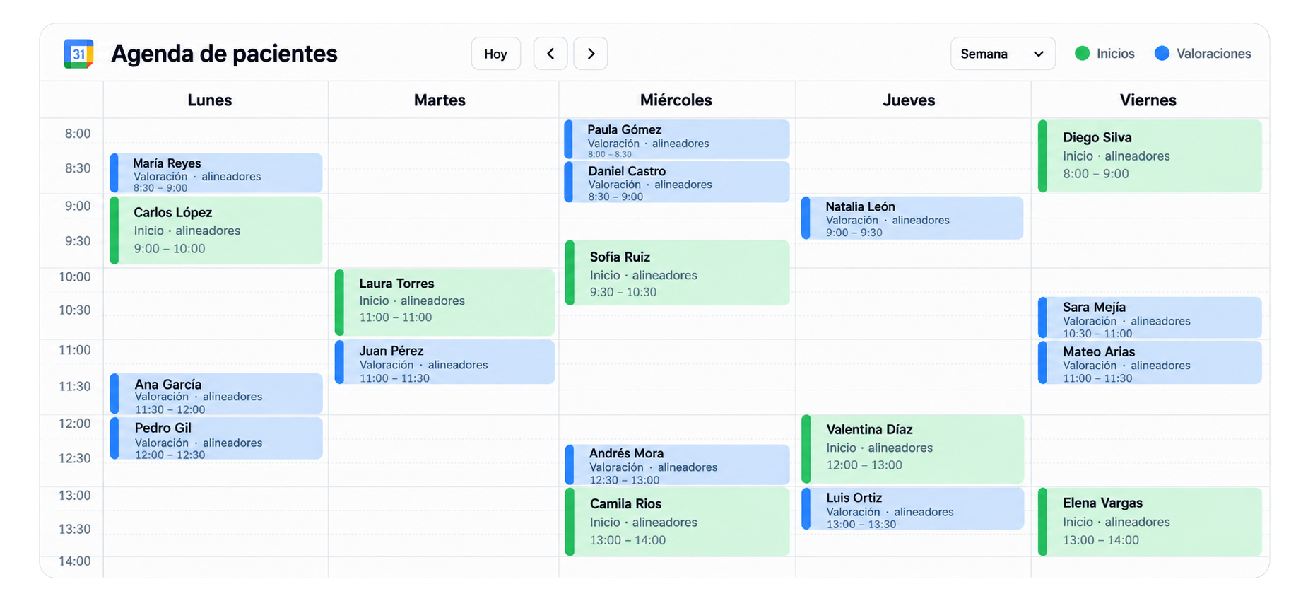 Calendario con pacientes agendados