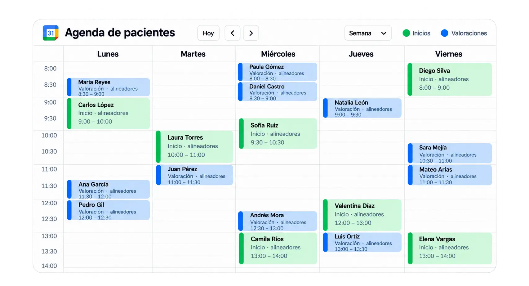 Calendario con pacientes agendados